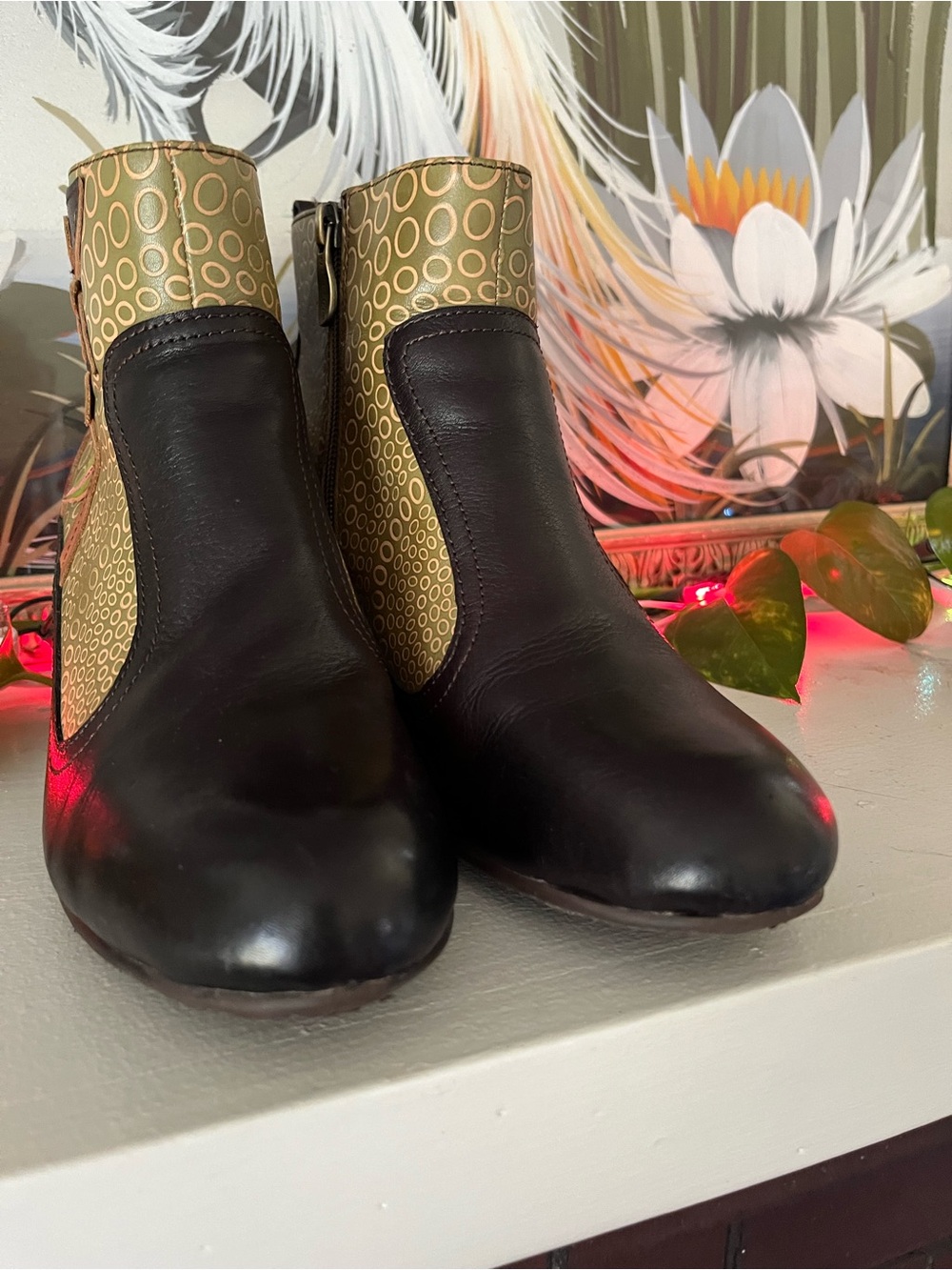 Floral Embroidered Olive & Black Ankle Booties - Picture 3 of 11